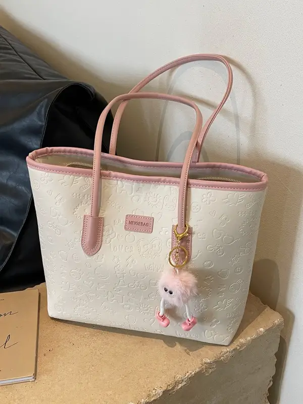 Women's Black Embossed Tote Bag with Cute Charm