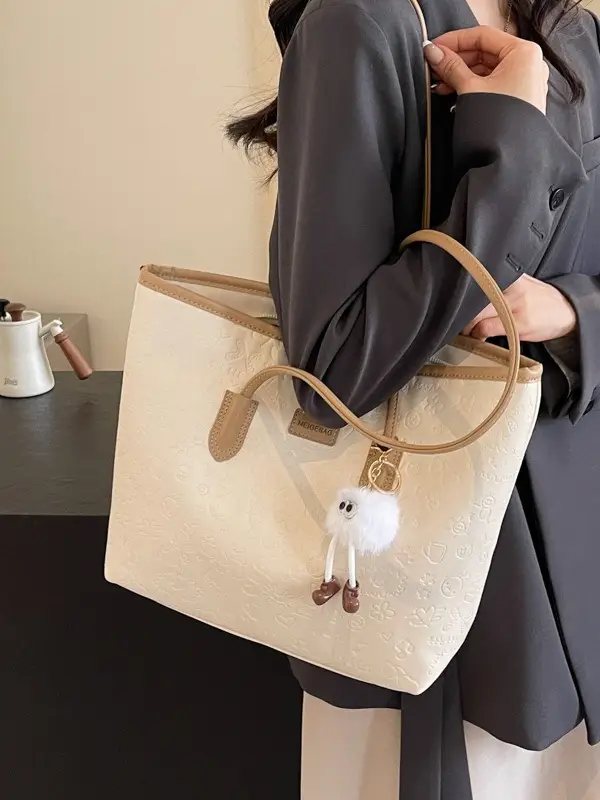 Women's Black Embossed Tote Bag with Cute Charm