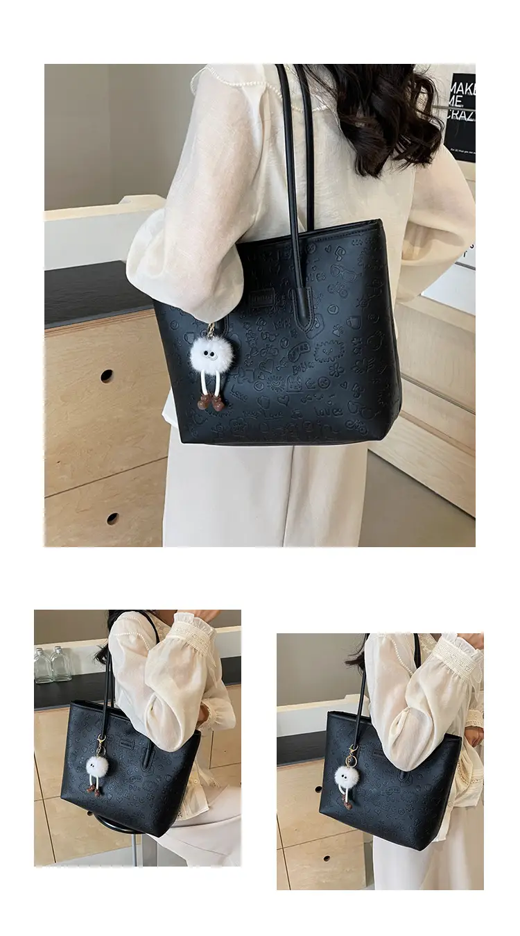 Women's Black Embossed Tote Bag with Cute Charm — feature 17