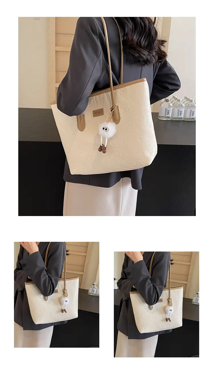 Women's Black Embossed Tote Bag with Cute Charm — feature 18