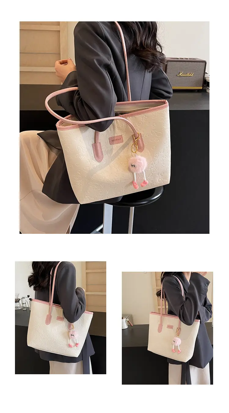 Women's Black Embossed Tote Bag with Cute Charm — feature 19