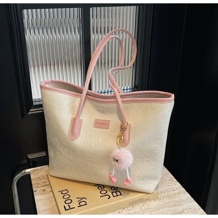 Women's Black Embossed Tote Bag with Cute Charm — feature 21