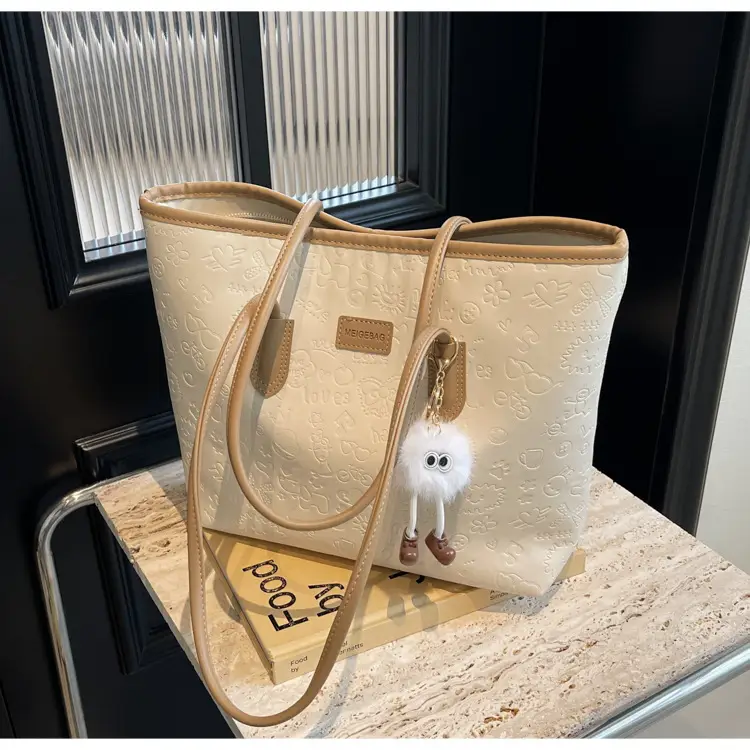 Women's Black Embossed Tote Bag with Cute Charm — feature 22