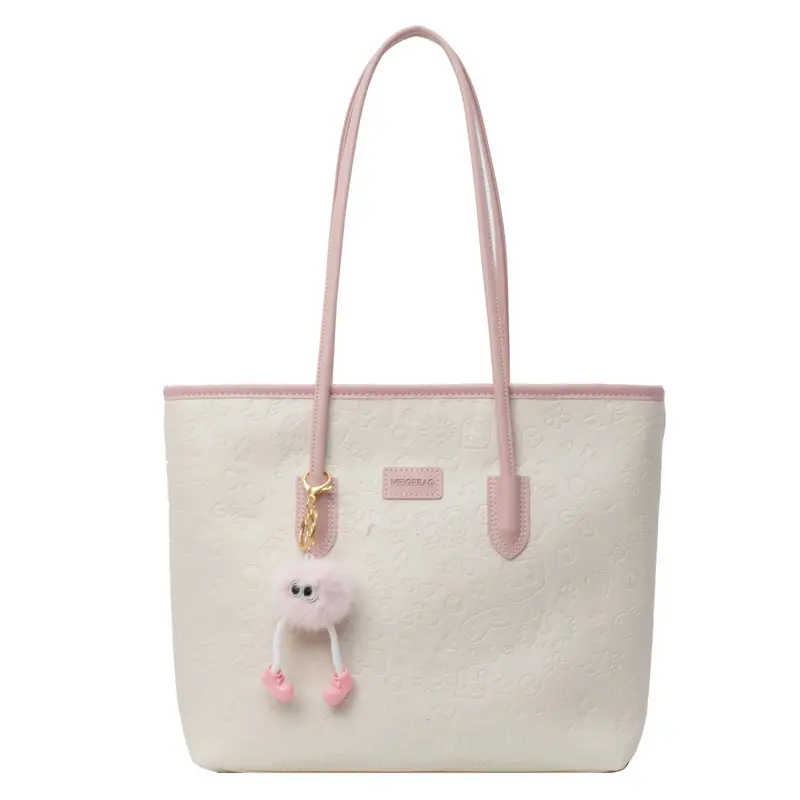 Women's Black Embossed Tote Bag with Cute Charm