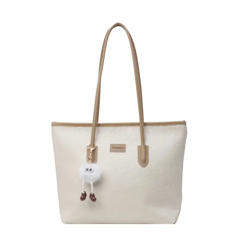 Women's Black Embossed Tote Bag with Cute Charm