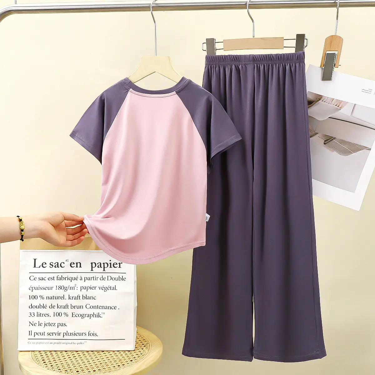 Girls Korean Style Modal Trousers Set Pink Purple