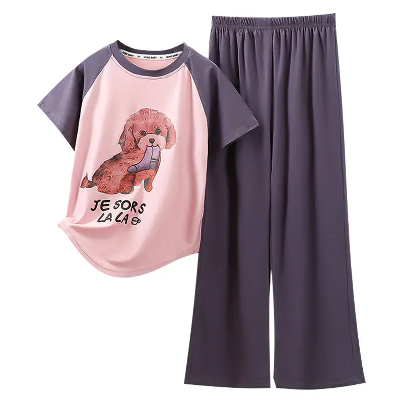 Girls Korean Style Modal Trousers Set Pink Purple