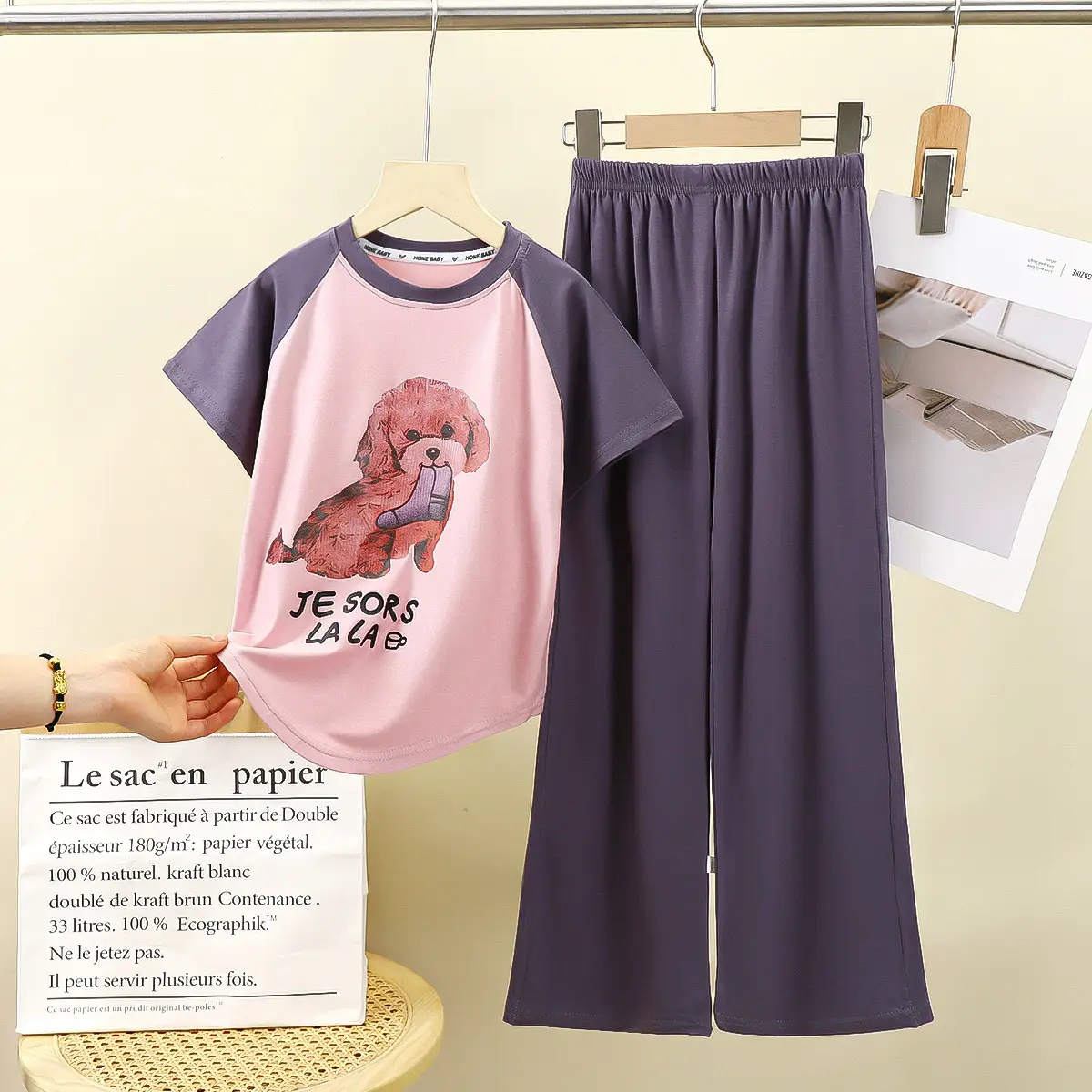 Girls Korean Style Modal Trousers Set Pink Purple
