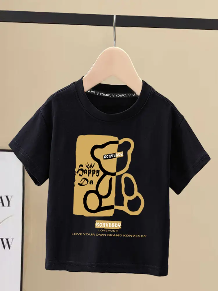 Boys 100Cotton Japanese Style Short Sleeve T-Shirt Red Sense Bear Print - Image 6