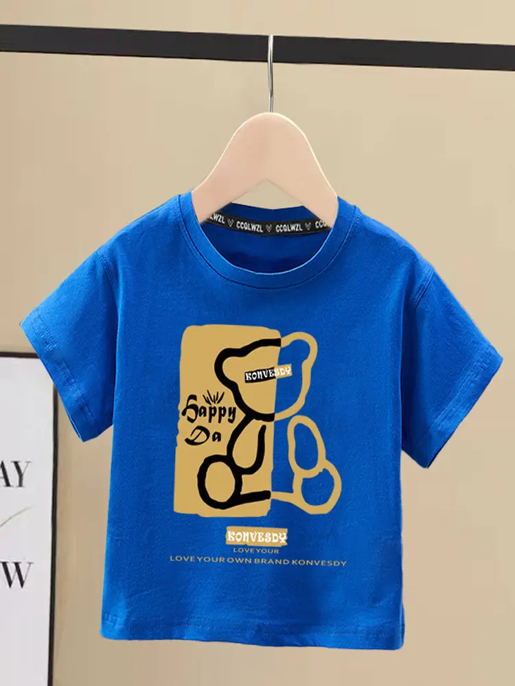 Boys 100Cotton Japanese Style Short Sleeve T-Shirt Red Sense Bear Print - Image 7