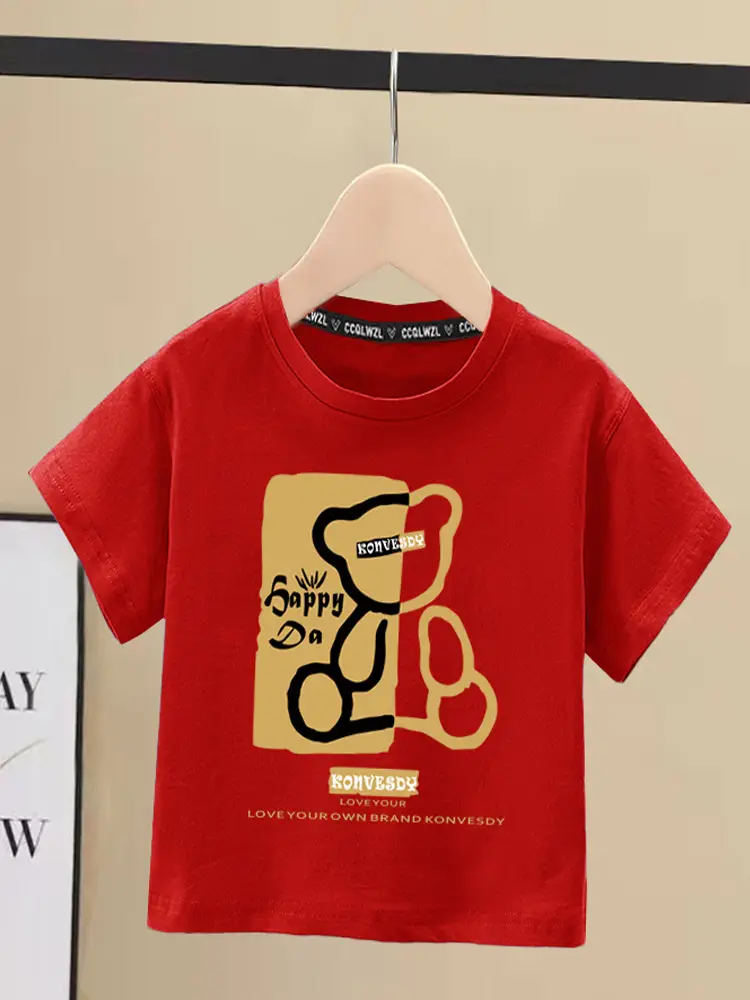 Boys 100Cotton Japanese Style Short Sleeve T-Shirt Red Sense Bear Print - Image 9