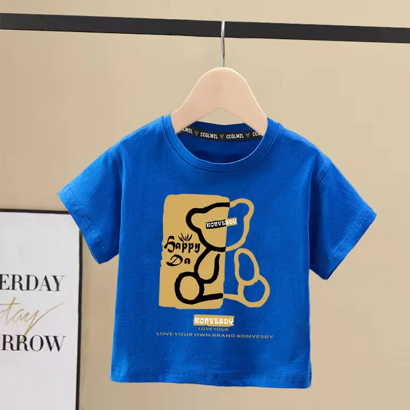Boys 100Cotton Japanese Style Short Sleeve T-Shirt Red Sense Bear Print - Image 2