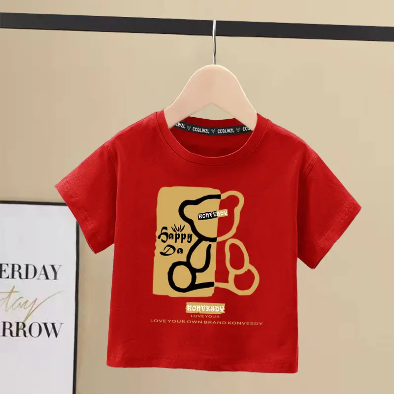 Boys 100Cotton Japanese Style Short Sleeve T-Shirt Red Sense Bear Print - Image 3