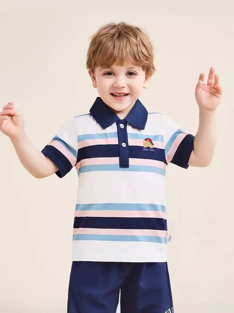 Kids Teddy Teddy Printed Polo Shirt Dark Blue Short Sleeve