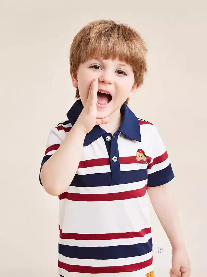 Kids Teddy Teddy Printed Polo Shirt Dark Blue Short Sleeve