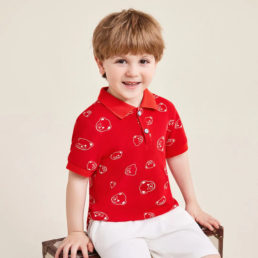 Kids Teddy Teddy Printed Polo Shirt Dark Blue Short Sleeve