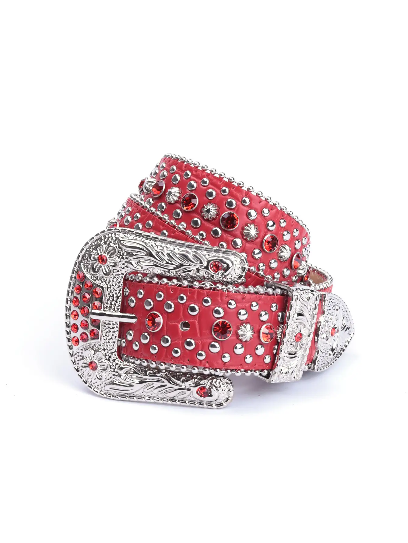 Red Rhinestone Belt with Silver Buckle for Women - Image 5