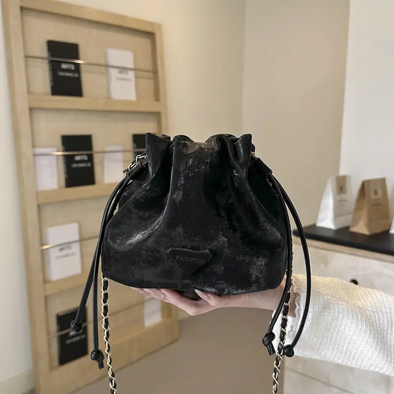 Black Velvet Bucket Bag with Chain Strap - Image 7