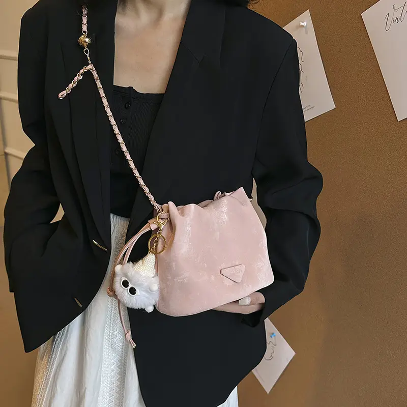 Black Velvet Bucket Bag with Chain Strap - Image 8