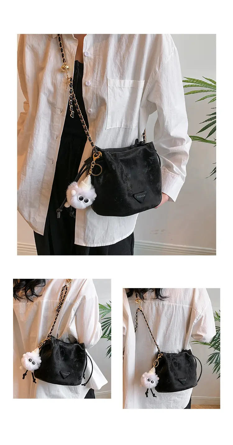 Black Velvet Bucket Bag with Chain Strap — feature 11