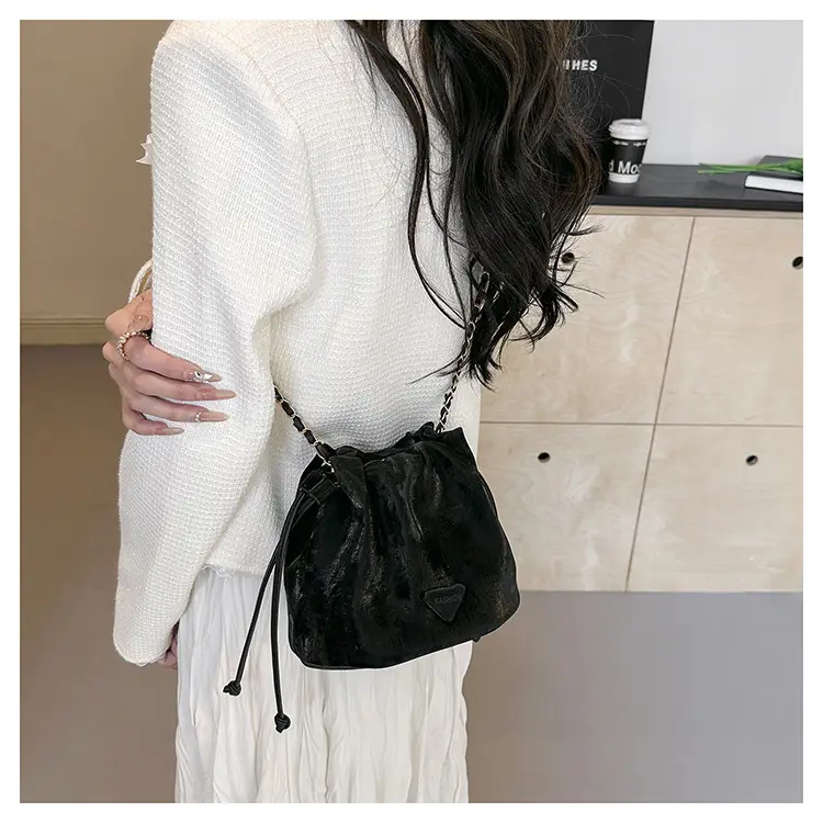 Black Velvet Bucket Bag with Chain Strap — feature 15