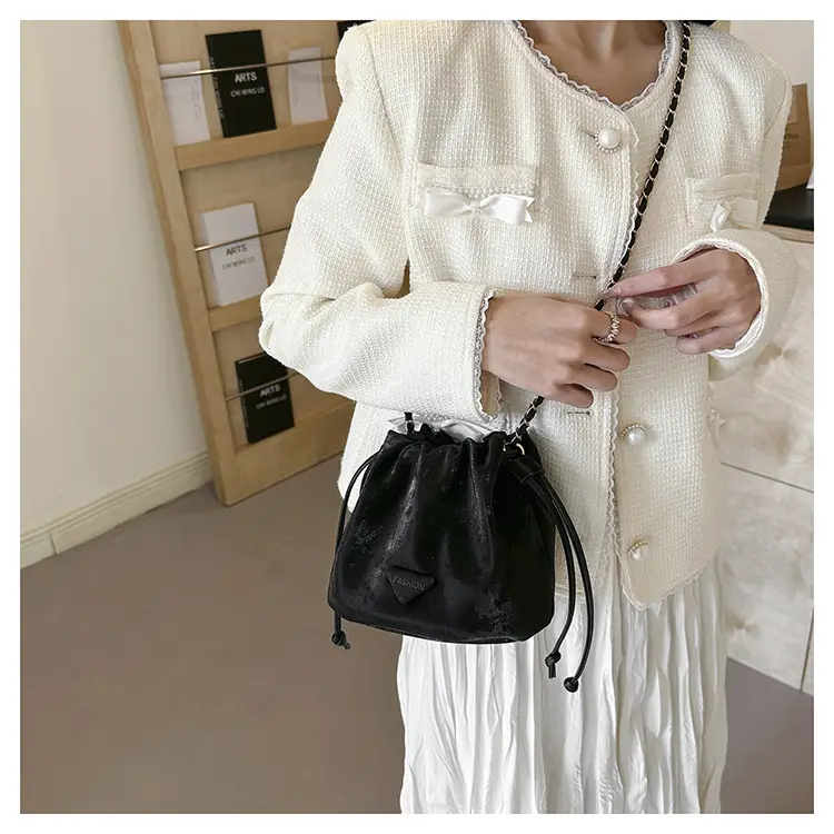 Black Velvet Bucket Bag with Chain Strap — feature 17