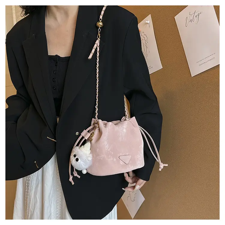 Black Velvet Bucket Bag with Chain Strap — feature 28
