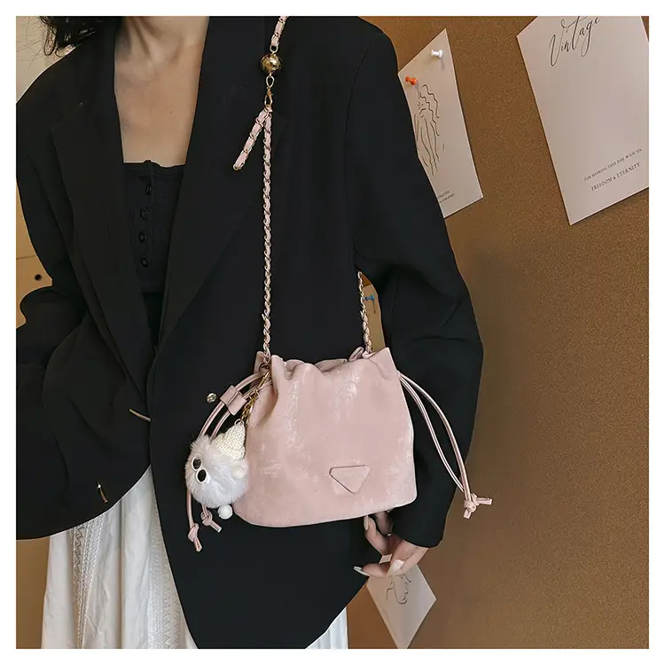 Black Velvet Bucket Bag with Chain Strap — feature 29