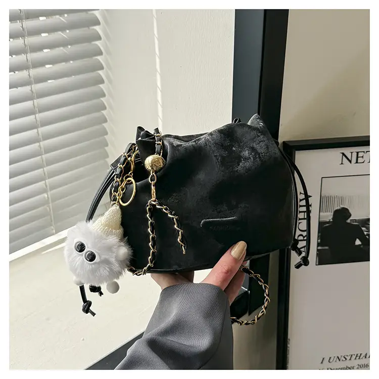 Black Velvet Bucket Bag with Chain Strap — feature 42