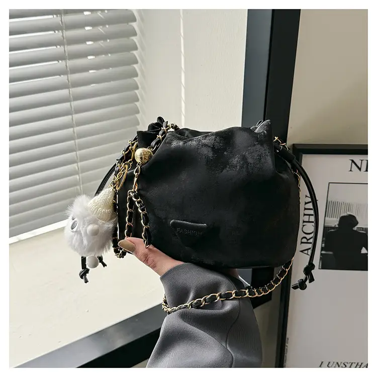 Black Velvet Bucket Bag with Chain Strap — feature 43