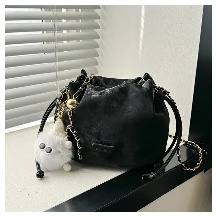 Black Velvet Bucket Bag with Chain Strap — feature 44