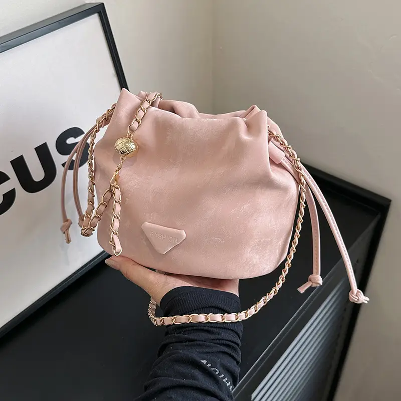 Black Velvet Bucket Bag with Chain Strap - Image 2