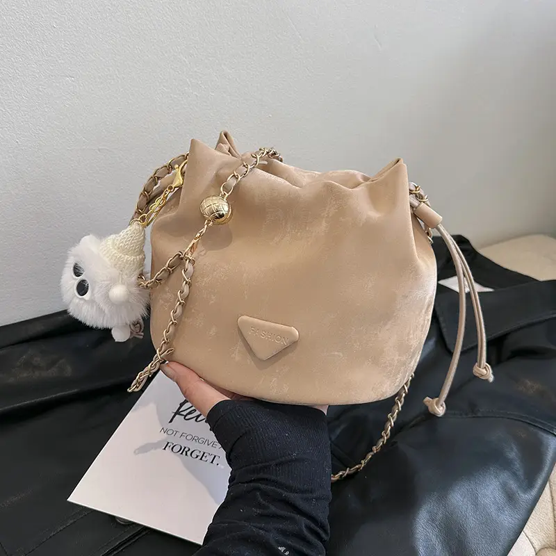 Black Velvet Bucket Bag with Chain Strap - Image 3