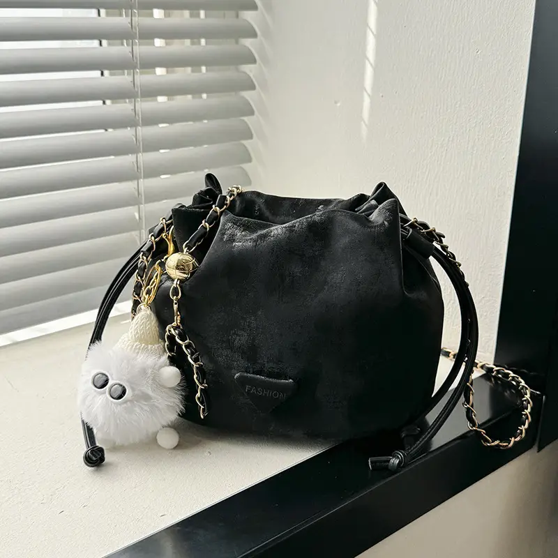 Black Velvet Bucket Bag with Chain Strap - Image 4