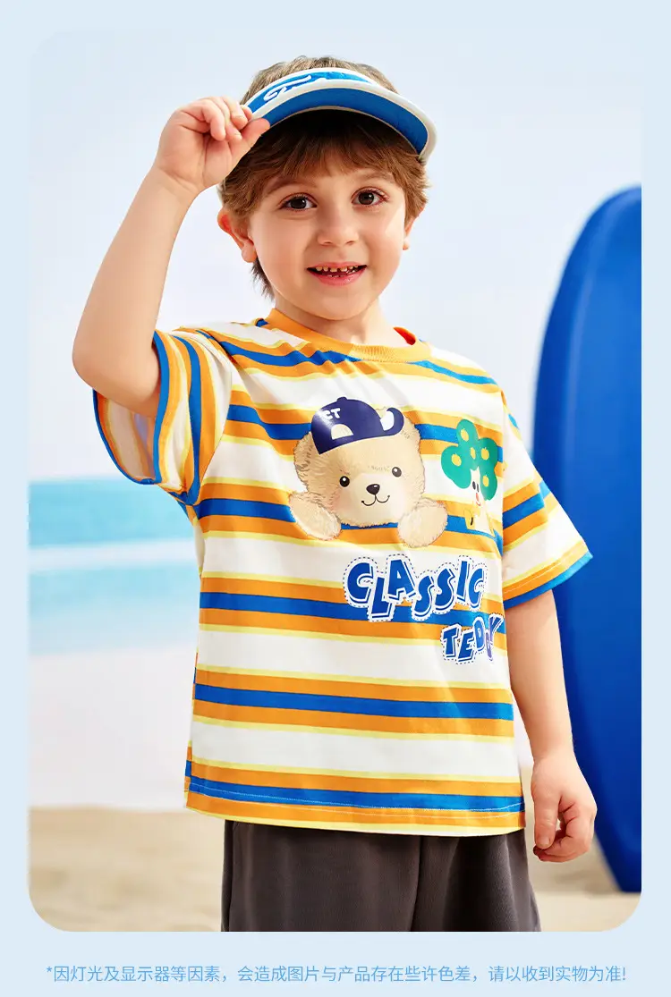 Classic Teddy Bear Print Boys T-Shirt Green Striped Shorts — feature 10