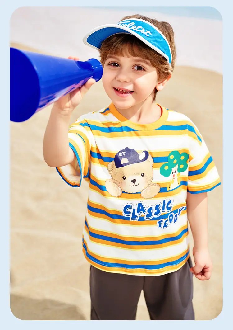 Classic Teddy Bear Print Boys T-Shirt Green Striped Shorts — feature 11