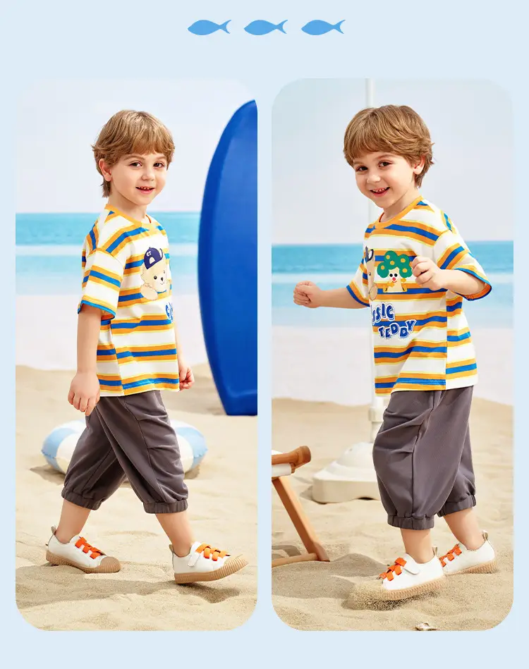 Classic Teddy Bear Print Boys T-Shirt Green Striped Shorts — feature 12