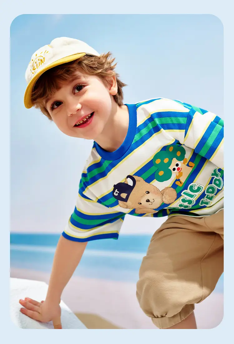Classic Teddy Bear Print Boys T-Shirt Green Striped Shorts — feature 13