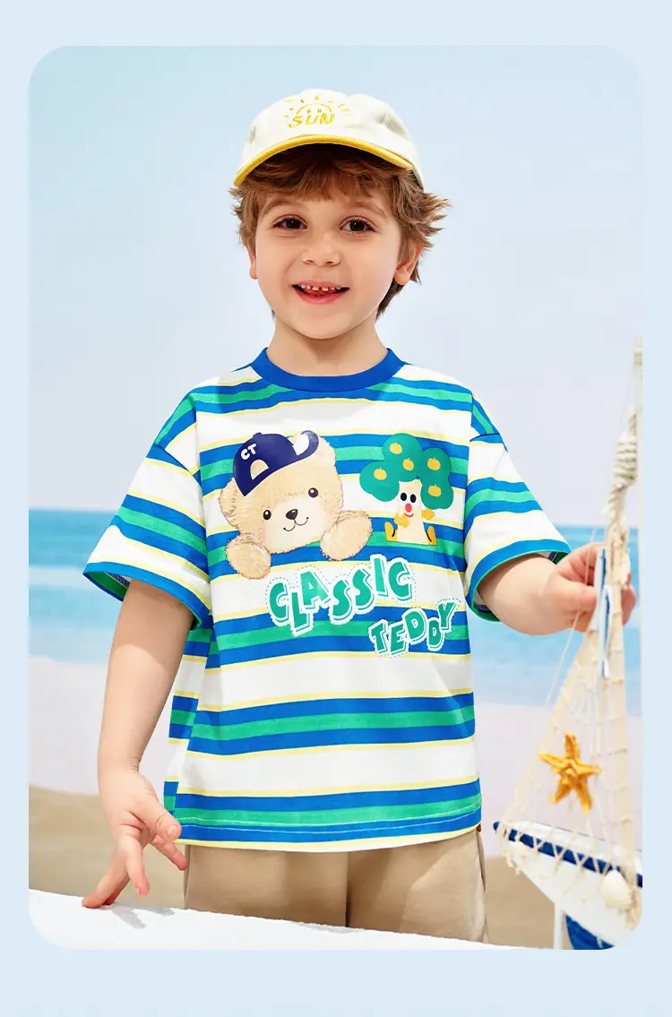 Classic Teddy Bear Print Boys T-Shirt Green Striped Shorts — feature 14