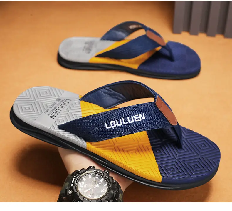 2024 Men Blue Yellow Louisuan Flip Flops — feature 3