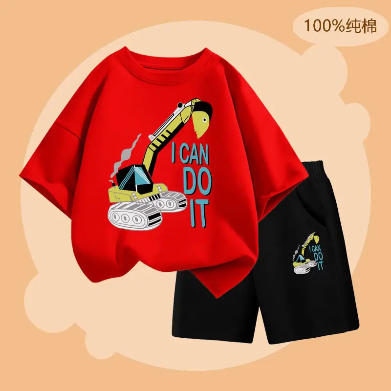 Red Cotton T-Shirt & Shorts Set for Boys Summer 2024 - Image 2