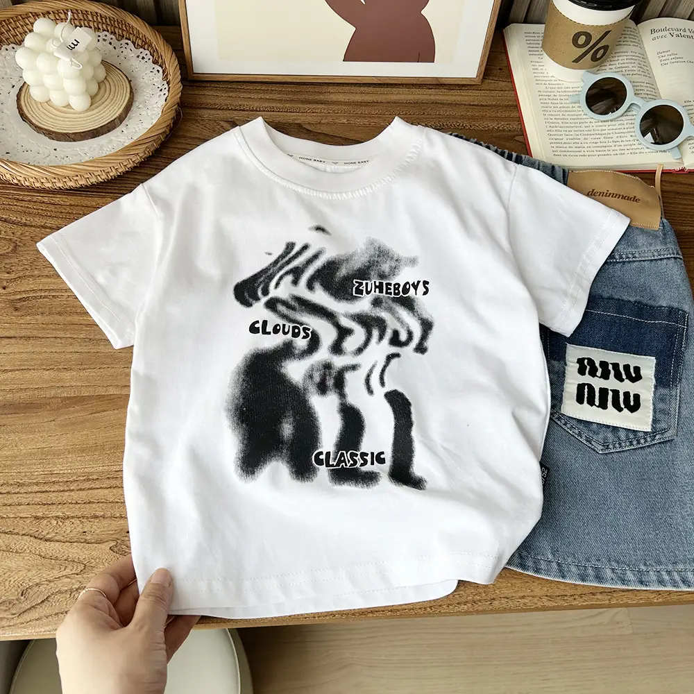 White Cotton T-Shirt for Boys with Heart Embroidery — feature 3