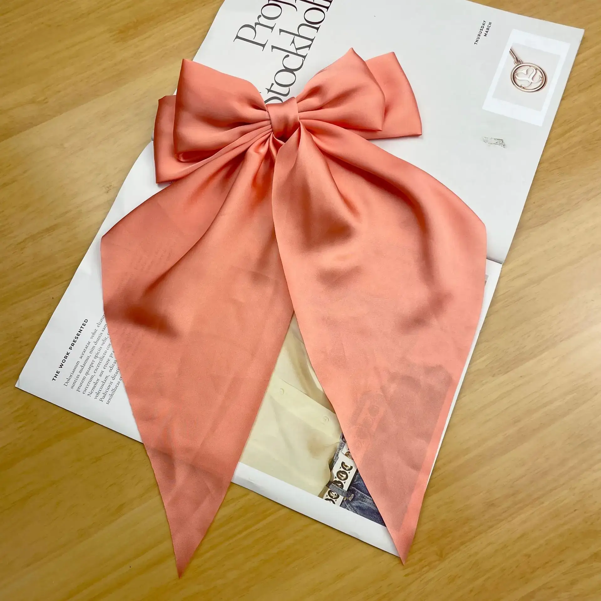 Satin Long Bow Hairpin for Women Yellow - Image 3