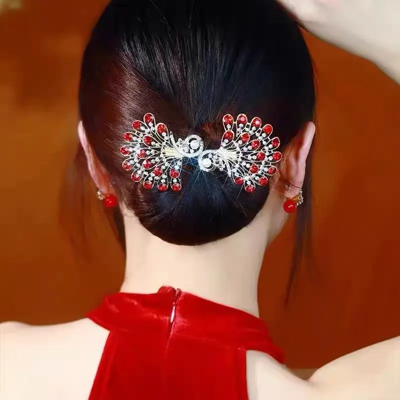 Vintage Peacock Hairpin with Blue Crystal Flower Design — feature 3