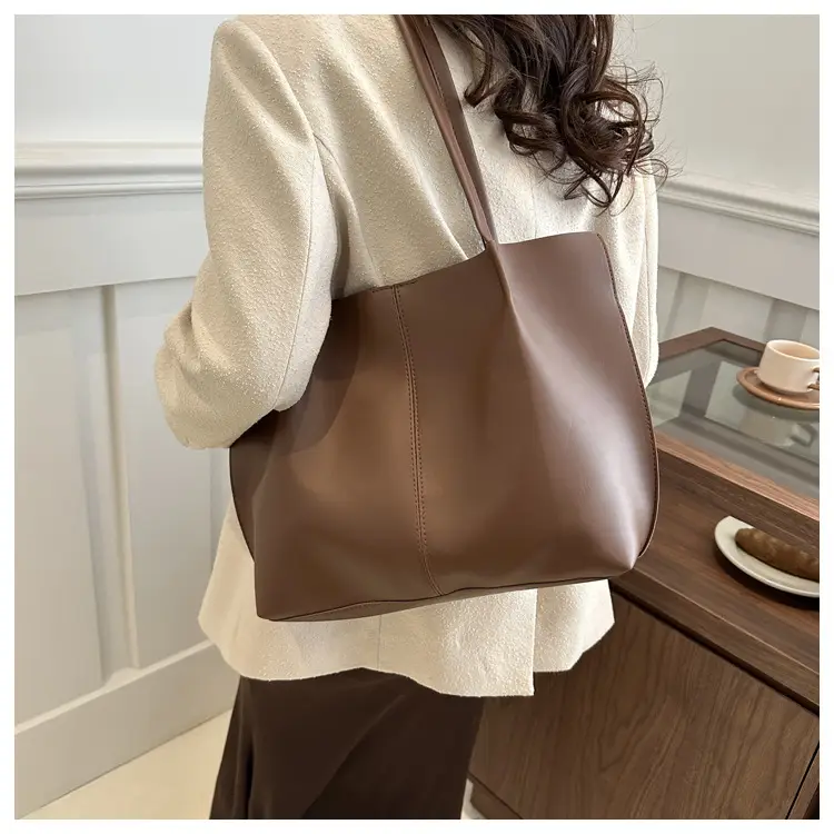 Women's Korean Style Large Shoulder Bag Brown PU - Image 8