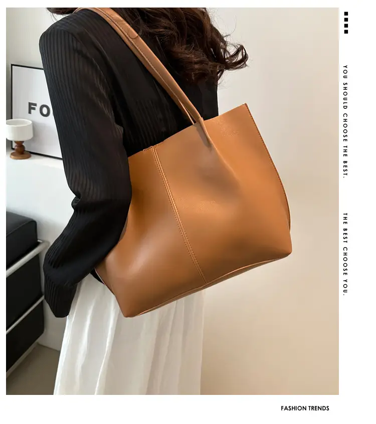Women's Korean Style Large Shoulder Bag Brown PU — feature 2