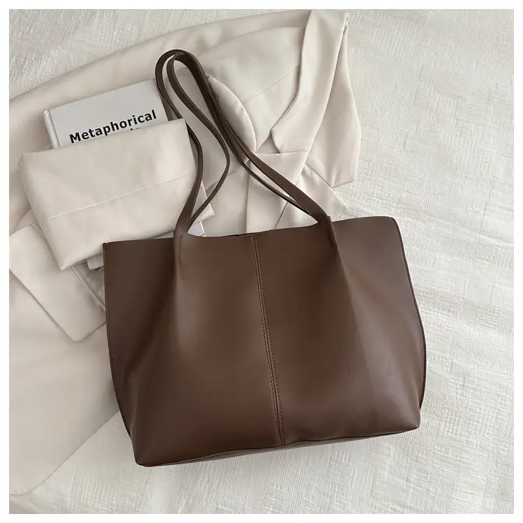 Women's Korean Style Large Shoulder Bag Brown PU - Image 3
