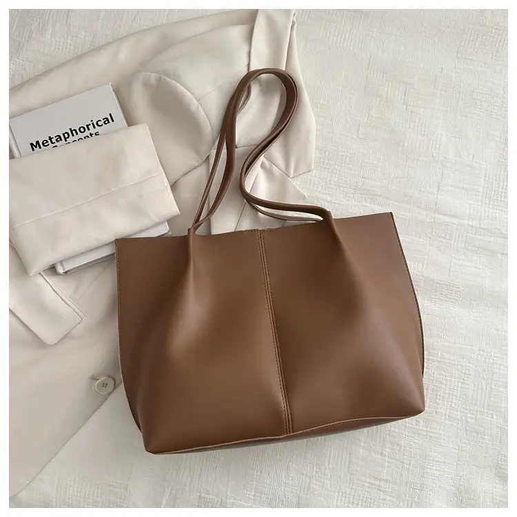 Women's Korean Style Large Shoulder Bag Brown PU - Image 4