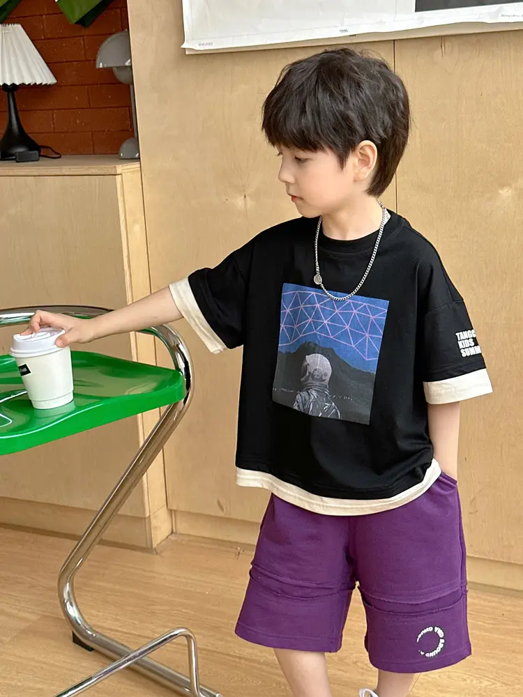Kids Printed T-Shirt Purple Shorts Set Summer Boys