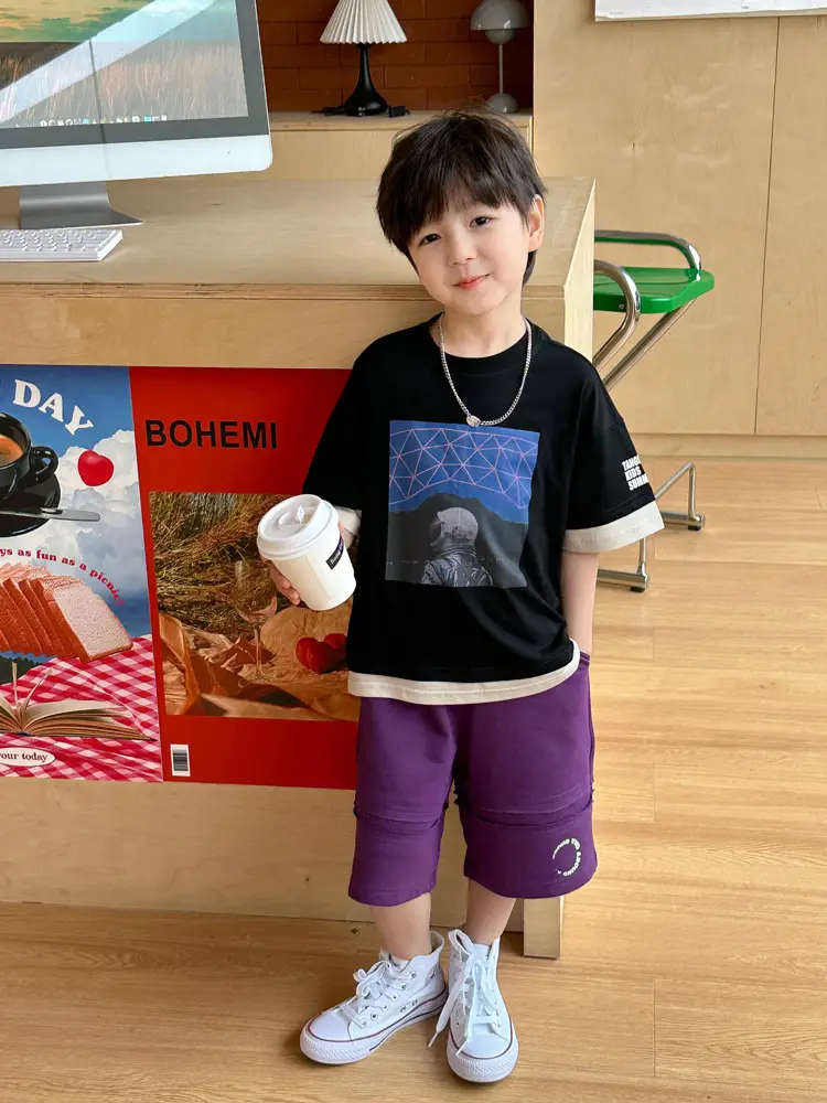 Kids Printed T-Shirt Purple Shorts Set Summer Boys — feature 28